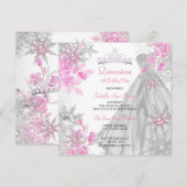 Quinceanera Pink Rose Winter Wonderland Snowflake Kaart (Voorkant / Achterkant)