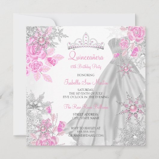 Quinceanera Pink Rose Winter Wonderland Snowflake Kaart (Voorkant)