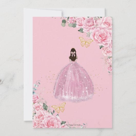 Quinceañera Pink Roses Floral Gold Princess Crown Kaart (Achterkant)