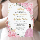 Quinceañera Pink Roses Floral Gold Princess Crown Kaart