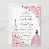 Quinceañera Pink Roses Floral Paris Eiffel Silver Kaart (Voorkant)