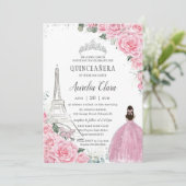 Quinceañera Pink Roses Floral Paris Eiffel Silver Kaart (Staand voorkant)