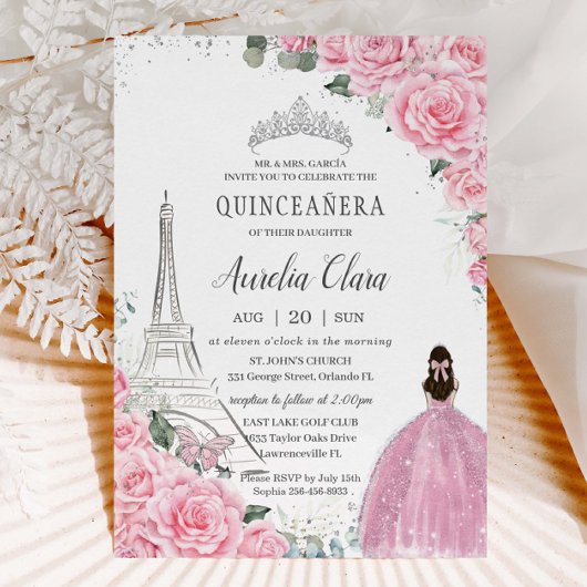 Quinceañera Pink Roses Floral Paris Eiffel Silver Kaart