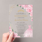 Quinceanera Pink Roses Floral Princess Dress Gown Acryl Uitnodigingen (Insitu (Draagbaar))