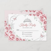 Quinceanera Pink Silver Floral Reply RSVP Kaartje (Voorkant / Achterkant)