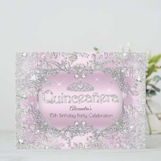 Quinceanera Pink Silver Tiara Winter Wonderland 2 Kaart (Staand voorkant)