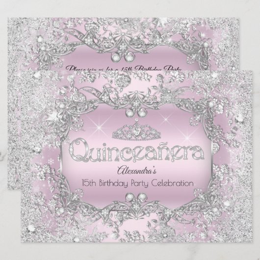 Quinceanera Pink Silver Tiara Winter Wonderland 2 Kaart (Voorkant / Achterkant)