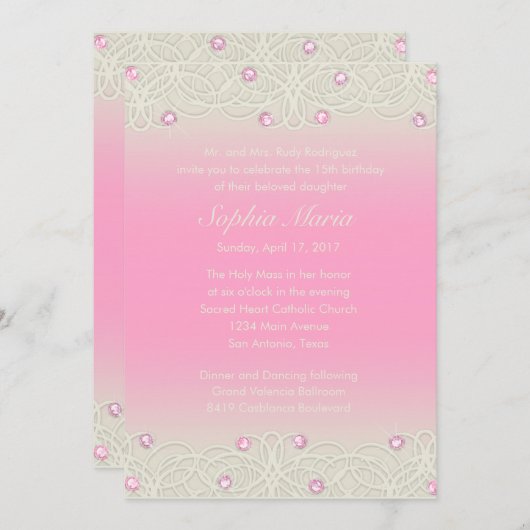 Quinceanera Pink Sparkle and Lace Kaart (Voorkant / Achterkant)