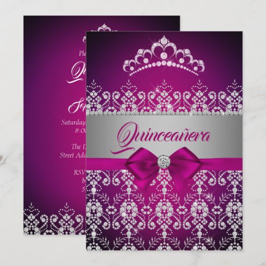 Quinceanera Pink Sparkle Diamond Tiara Bow Kaart (Voorkant / Achterkant)
