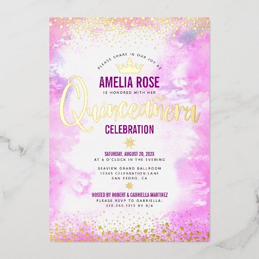 Quinceañera Pink Waterverf Girly Crown Real Gold Folie Uitnodiging (Voorkant)