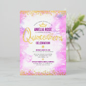 Quinceañera Pink Waterverf Girly Crown Real Gold Folie Uitnodiging (Staand Voorkant)