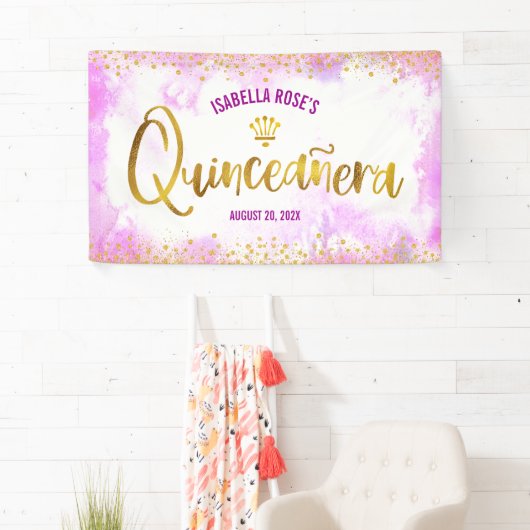 Quinceañera Pink Waterverf Gold Script Welkom Spandoek (Insitu)