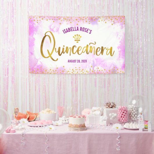 Quinceañera Pink Waterverf Gold Script Welkom Spandoek (Feest)