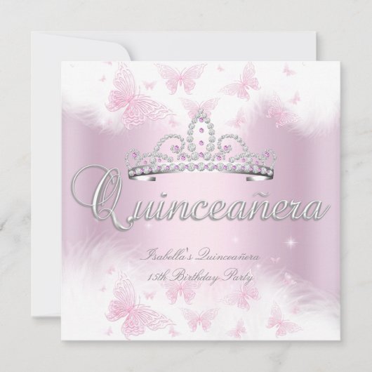 Quinceanera Pink White Tiara Butterfly Kaart (Voorkant)
