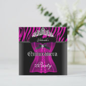 Quinceanera Pink Zebra Black Tiara Corset Kaart (Staand voorkant)