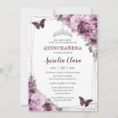Quinceañera Plum Mauve Floral Butterflies Silver Kaart (Voorkant)
