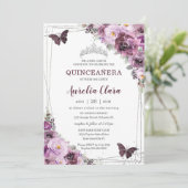 Quinceañera Plum Mauve Floral Butterflies Silver Kaart (Staand voorkant)