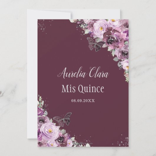 Quinceañera Plum Mauve Floral Butterflies Silver Kaart (Achterkant)