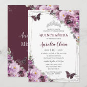 Quinceañera Plum Mauve Floral Butterflies Silver Kaart (Voorkant / Achterkant)