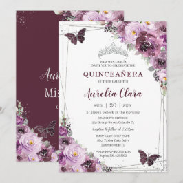 Quinceañera Plum Mauve Floral Butterflies Silver Kaart
