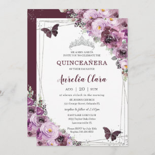 Quinceañera Plum Mauve Floral Butterflies Silver Kaart
