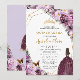 Quinceañera Plum Mauve Paars Floral Gold Princess Kaart
