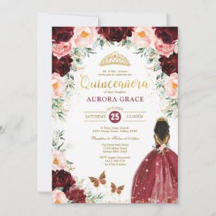 Quinceañera Princess Burgundy Floral Birthday Kaart