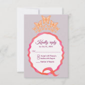 Quinceañera Princess Butterfly Crown Squiggle RSVP Kaartje (Voorkant)