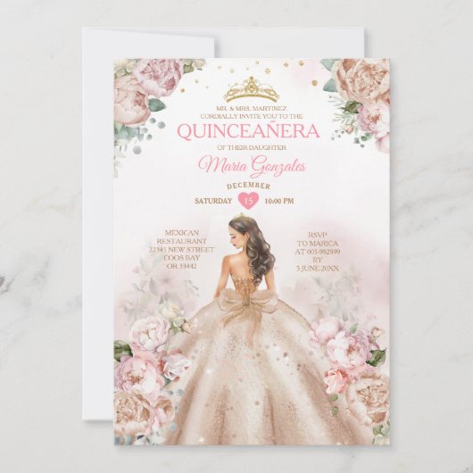 Quinceañera Princess Champagne en Blush Pink Kaart (Voorkant)