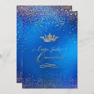 Quinceanera Princess Crown Faux Gold Confetti Blue Kaart