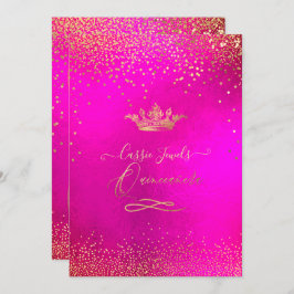 Quinceanera Princess Crown Faux Gold Confetti Roze Kaart