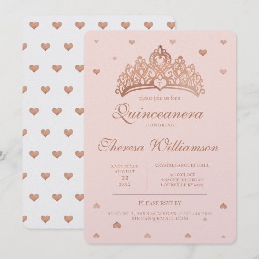 Quinceañera Princess Crown & Heart Roos Gold Kaart (Voorkant / Achterkant)
