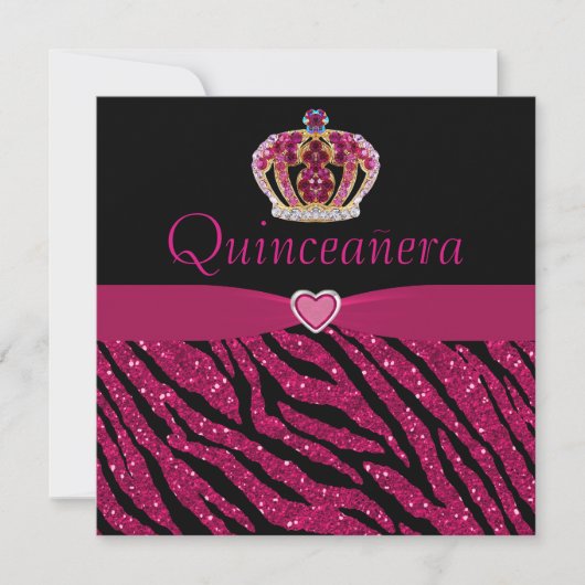 Quinceanera Princess Crown, Heart & Zebra Glitter Kaart (Voorkant)