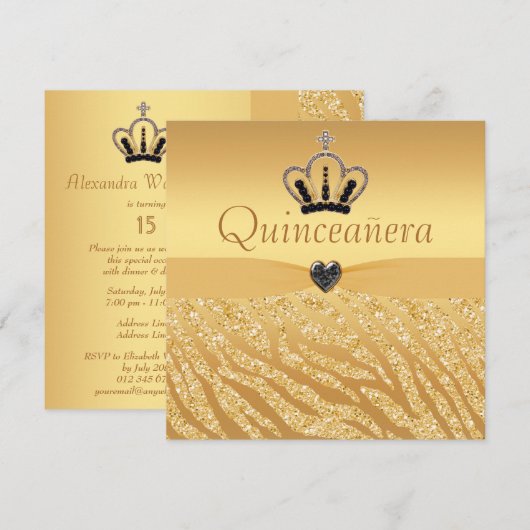 Quinceanera Princess Crown, Heart & Zebra Glitter Kaart (Voorkant / Achterkant)