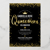 Quinceañera Princess Crown Script Black Real Gold Folie Uitnodiging (Voorkant)