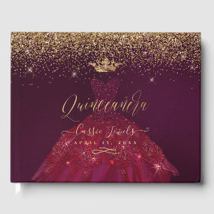 Quinceanera Princess Glitter Gown, Bourgogne+Gold Gastenboek
