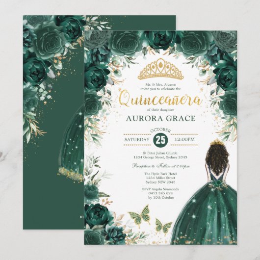 Quinceañera Princess Green Floral Birthday Kaart (Voorkant / Achterkant)