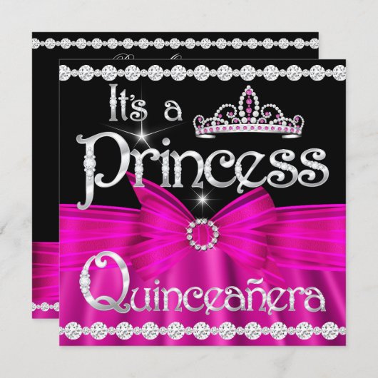 Quinceanera Princess Hot Pink Bow Silver Tiara Kaart (Voorkant / Achterkant)