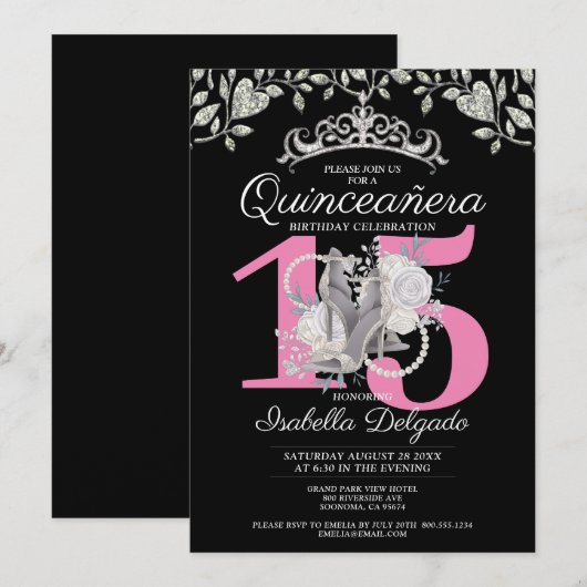 Quinceanera Princess Pink Black 15th Birthday Kaart (Voorkant / Achterkant)