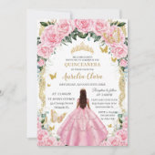 Quinceañera Princess Pink Rose Bloemen  Goud Kaart (Voorkant)