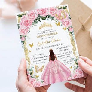 Quinceañera Princess Pink Rose Bloemen  Goud Kaart