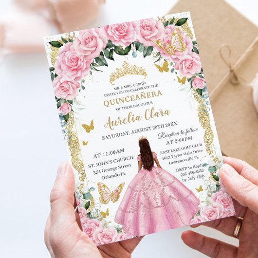 Quinceañera Princess Pink Rose Bloemen  Goud Kaart