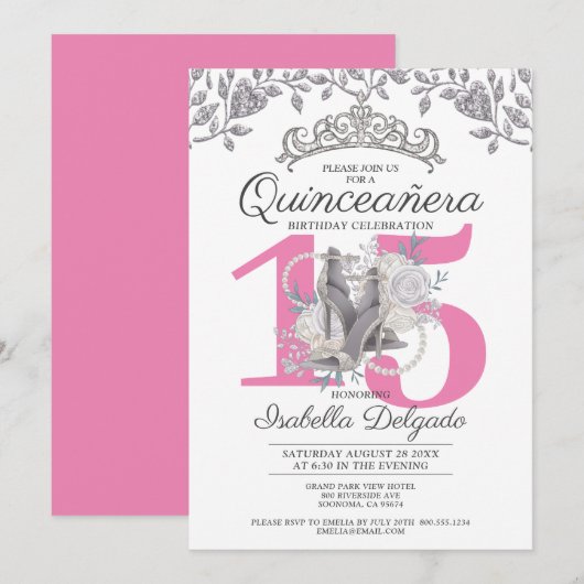 Quinceanera Princess Pink Silver 15th Birthday Kaart (Voorkant / Achterkant)