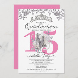 Quinceanera Princess Pink Silver 15th Birthday Kaart