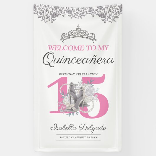 Quinceanera Princess Pink Silver 15th Birthday Spandoek (Verticaal)