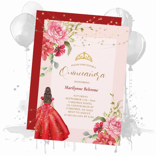 Quinceañera Princess Red Floral Kaart