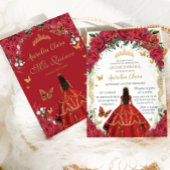 Quinceañera Princess Red Roses Bloemen  Goud Kaart