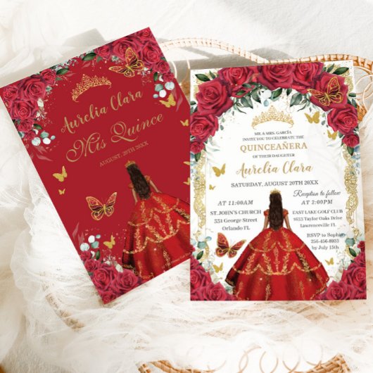 Quinceañera Princess Red Roses Bloemen  Goud Kaart