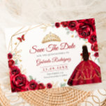 Quinceanera Princess Red Roses Gold Save The Date<br><div class="desc">Red,  gold and white princess style Quinceanera celebration save the date. Features,  brunette girl in ball gown dress script font,  gold butterflies,  watercolor roses and tiara. Perfect for an elegant princess style glam celebration. Personalize with your own details. Printed Zazzle cards or instant download digital printable template.</div>