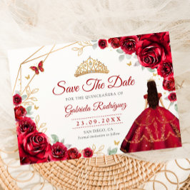 Quinceanera Princess Red Roses Gold Save The Date